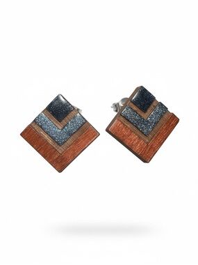 Handcrafted Geometric Brown and Blue Wood Stud Earrings